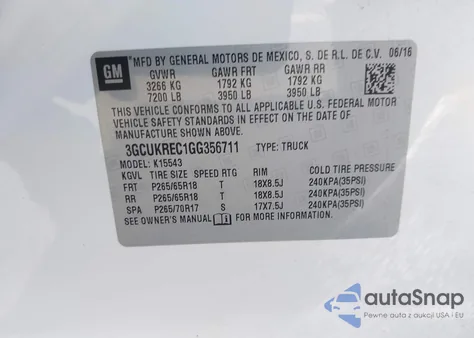 2016 Chevrolet Silverado 1500 2Lt из США, поврежденный, VIN 3GCUKREC1GG356711